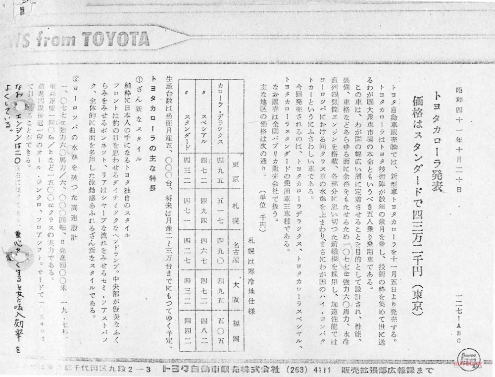 昭和41年10月20日。カローラ発表当時のリリース。　出典：トヨタ