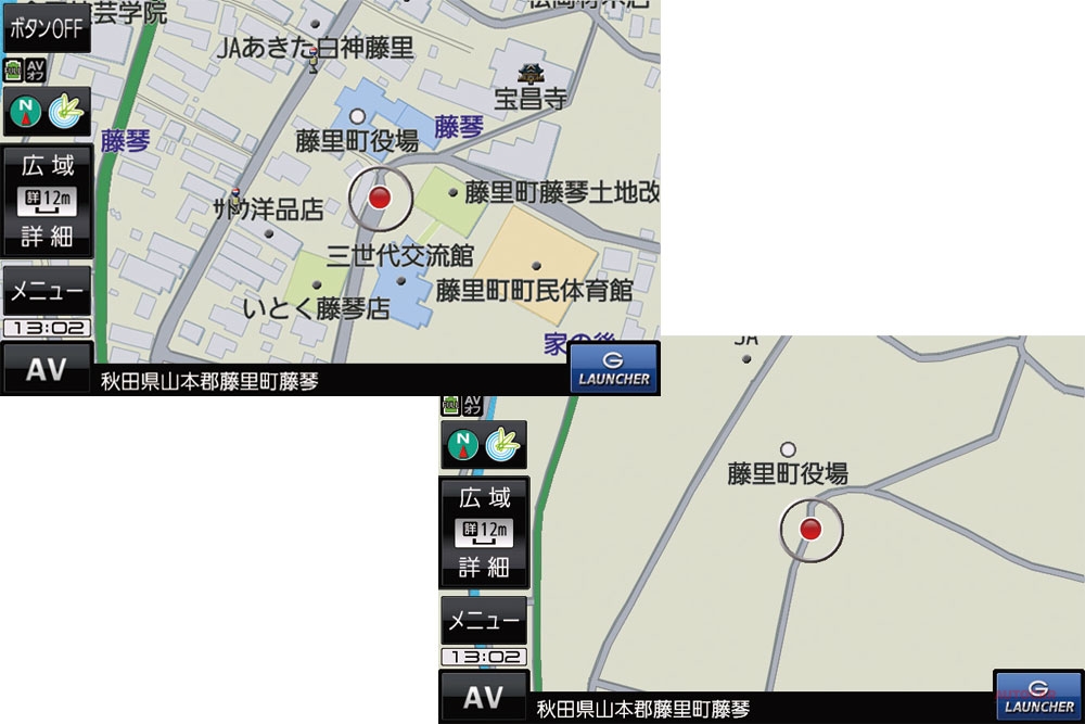 （左）新型ゴリラの市街地地図は、一軒一軒の家の形、細い道までハッキリと分かる。（右）従来型ゴリラの同じ場所の表示。