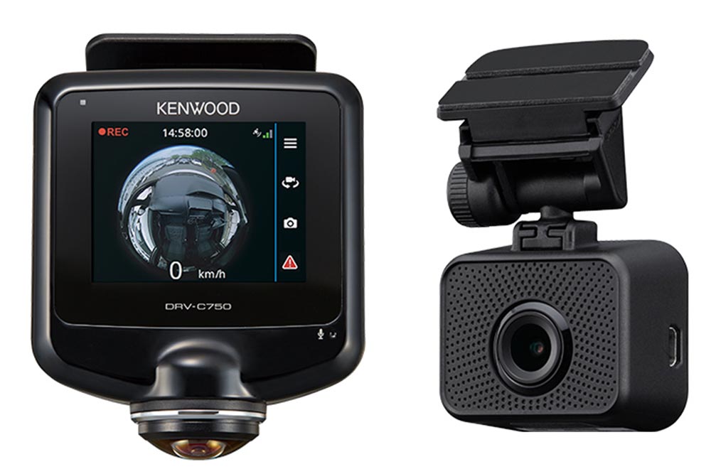 360°撮影対応ドライブレコーダー「DRV-C750」と、別売りのリア・カメラ「CMOS-DR750」。