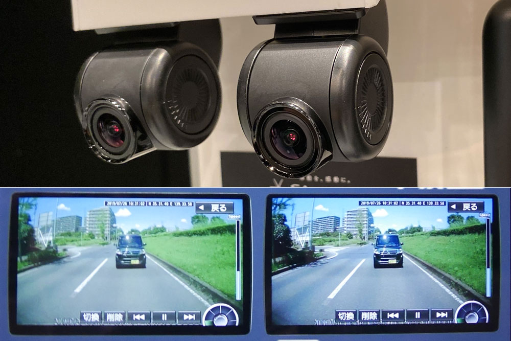 CN-F1X10BLD、CN-F1X10LD専用の前後2カメラ式ドライブレコーダー「CA-DR03HTD」。画面比較は左が従来型、右がHD画質でナビ画面に表示できる最新型。