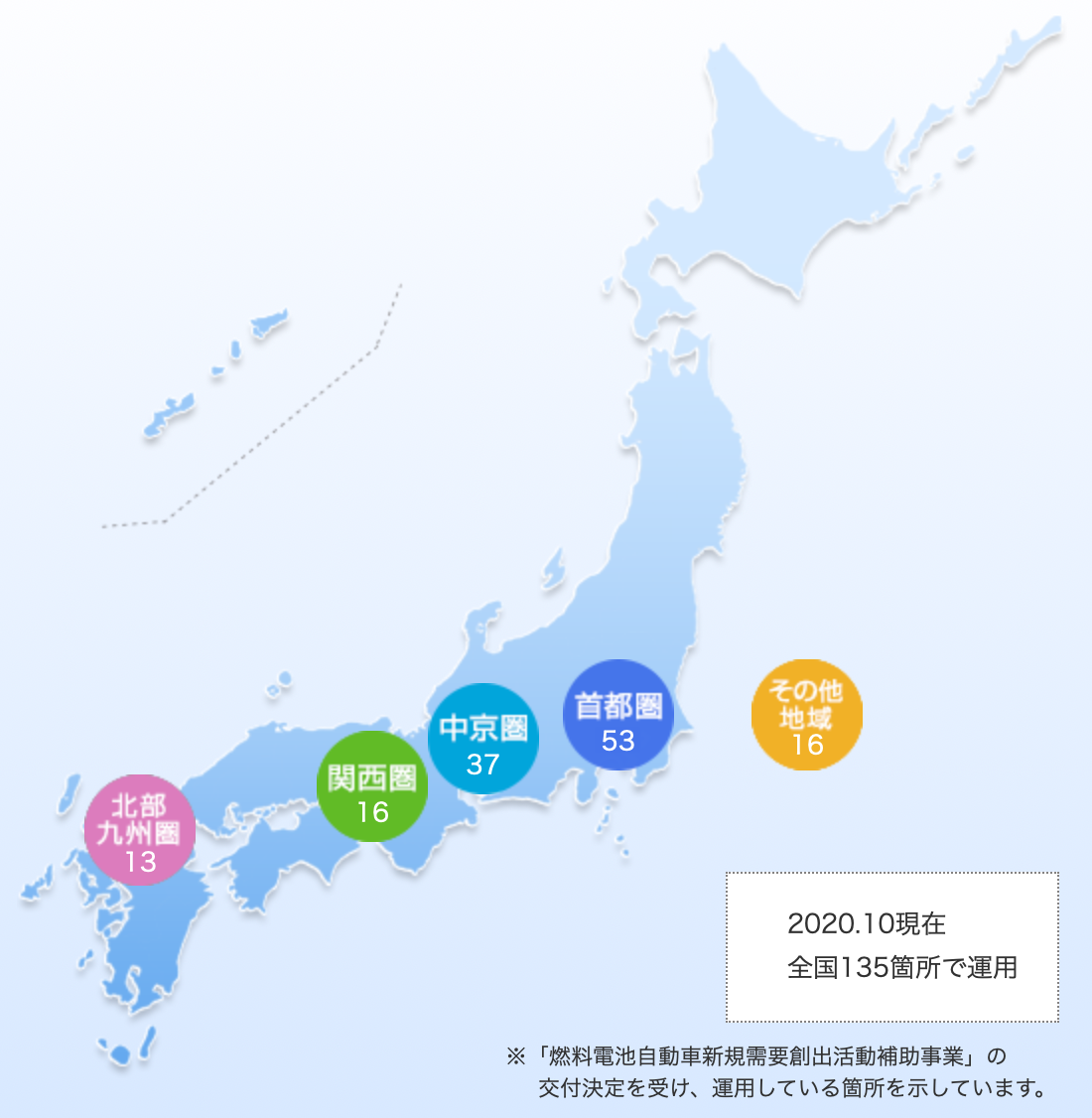 2020年10月現在の、水素ステーション整備状況。全国135か所で運用される。