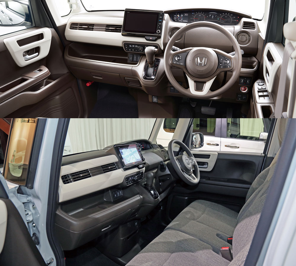 上：改良新型NボックスEX前席内装（オプション装着車）/下：改良新型NボックスLスロープ前席内装