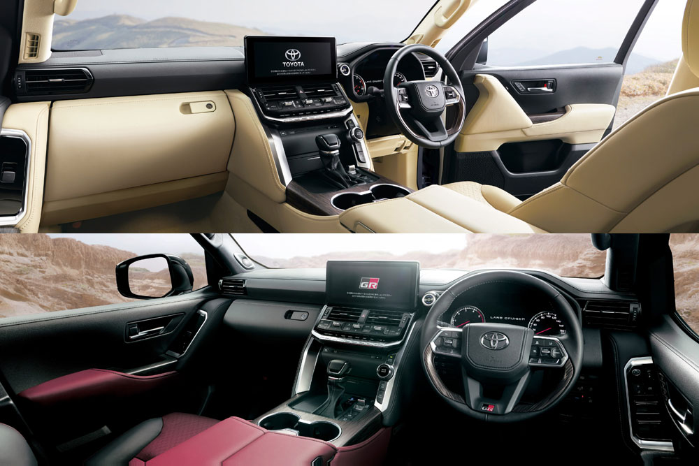 新型トヨタ・ランドクルーザーの前席内装（上：ZXガソリン、下：GRスポーツ）