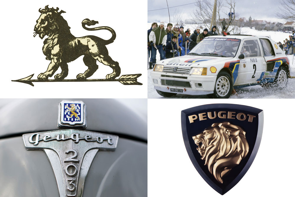 （左上）矢の上にライオンが立つ1872年当時のロゴ。（左下）戦後初の新型車、203からブルー基調に。（右上）WRCで活躍した205ターボ16の4色ストライプ。（右下）1975年のロゴ。今回発表されたものに似た横顔のアップだ。