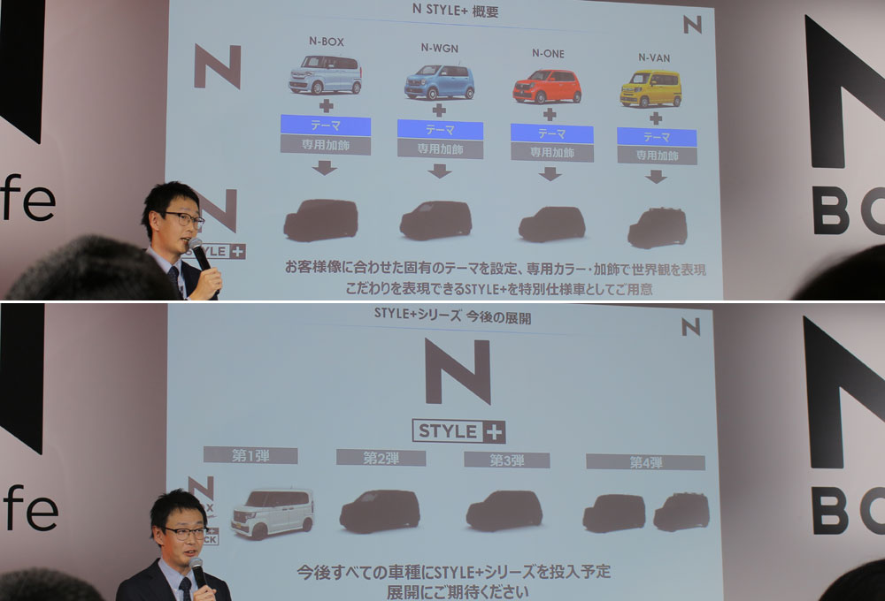 「N STYLE＋」の今後の展開を示すプレゼンテーションスライド。第4弾までの対象モデルをシルエットで予告している。