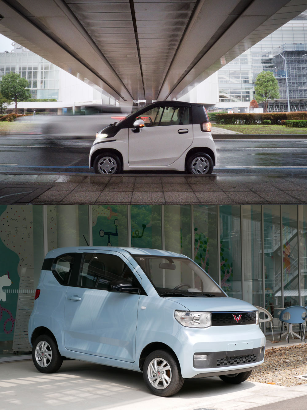 上がトヨタC＋Pod、下が“45万円EV”こと中国の宏光ミニEV。