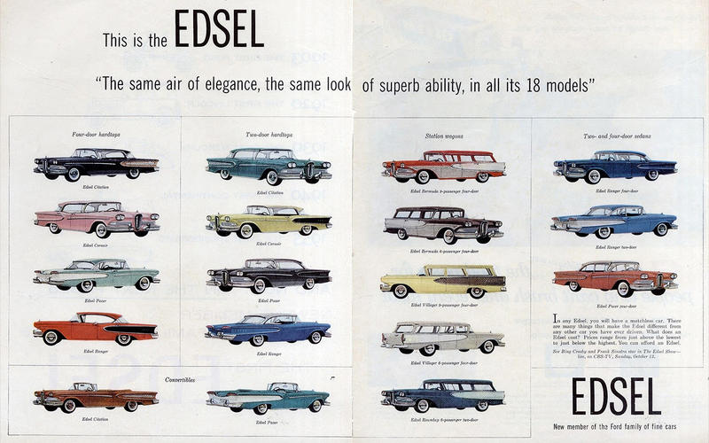 エドセルのラインナップ。2つのボディサイズをベースに、4つのボディスタイルを展開。計18車種が生まれた。