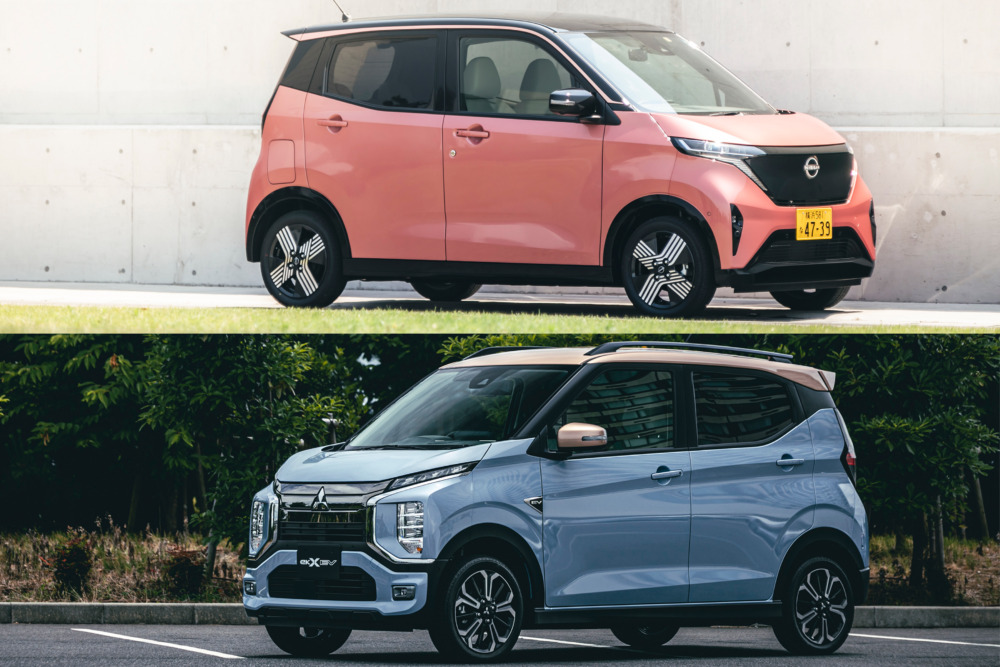 日産サクラ(上)と三菱eKクロスEV。日本カー・オブ・ザ・イヤーとRJCカー・オブ・ザ・イヤーをダブル受賞した。