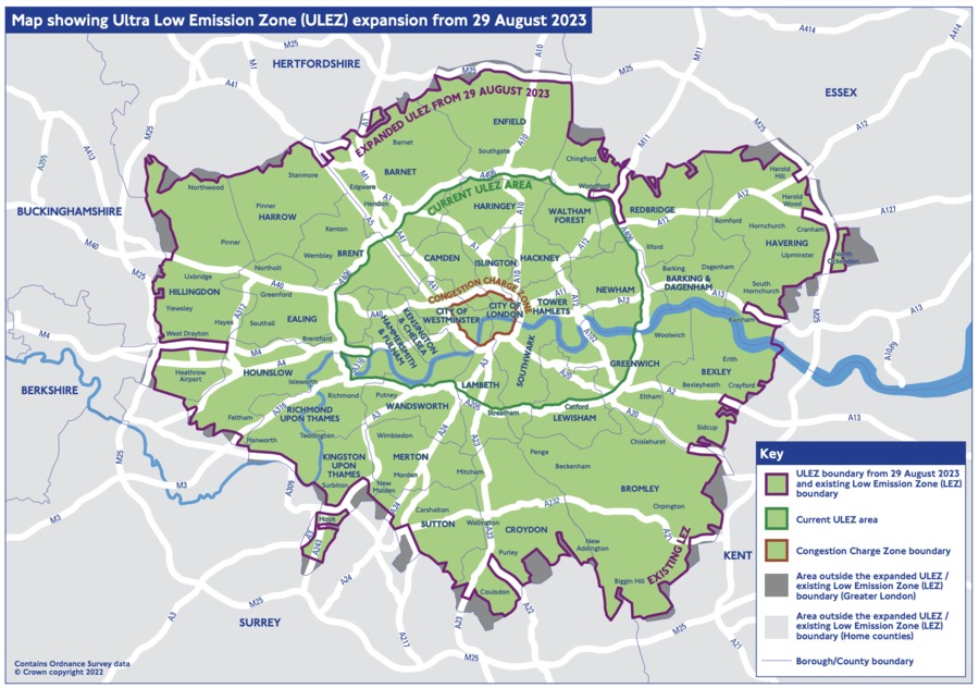 8月29日よりロンドンのほぼ全域がULEZ対象エリアとなる。（現在は緑線の枠内）