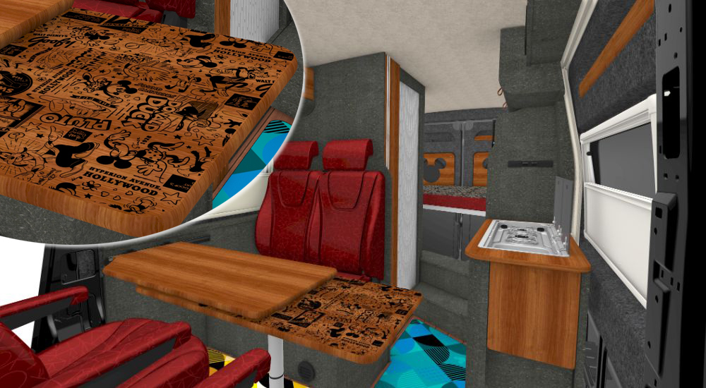 ディズニーコラボモデルの「予告画像」。ダイネットのエクステンドテーブルには、ディズニーアニメの1コマが。ミッキーのアイコンを模したデザインのカーペットがフロアを彩る。