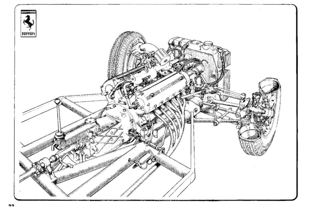 1950年代半ばまでは、フェラーリはエンジンや主要パーツを組み付けたランニングシャシーを製作するだけだった。そのシャシーをピニンファリーナなどのカロッツェリアへ送り、ボディやインテリアなどを組付け1台のクルマとして完成させる方式だった。