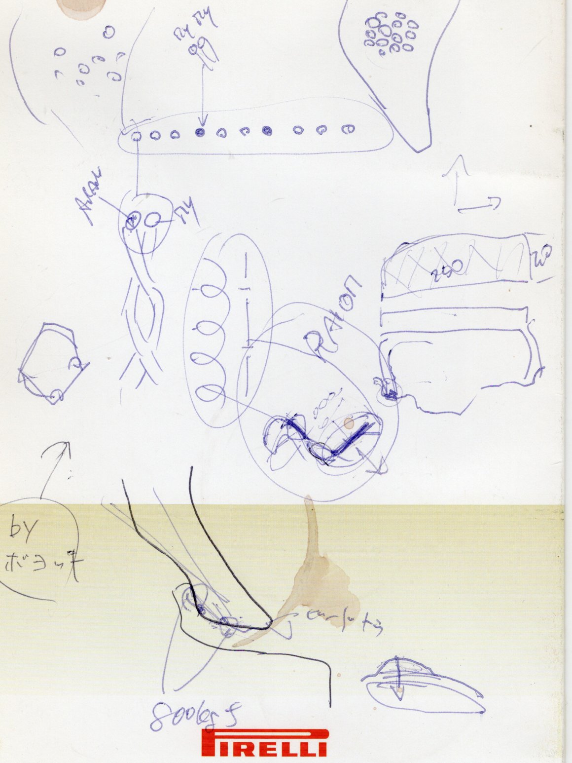 構造のメモは、筆者と、ピレリ社タイヤ設計責任者（当時）のマウリシオ・ボイオッキ氏との共作。