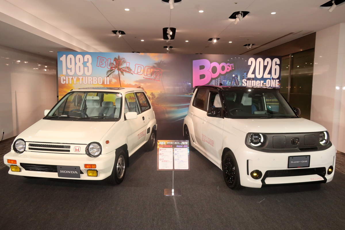 新型EV『スーパーワン』(右)はシティターボII(左)を想起させる。