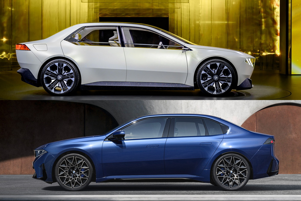 コンセプトカー『ビジョン・ノイエクラッセ・コンセプト』（上）とその市販車『i3』（下）。ボディサイドの構成も違いますが、シルエットも大きく異なります。特にキャビンからリア周りに関しては全く別の意図でデザインされたようです。