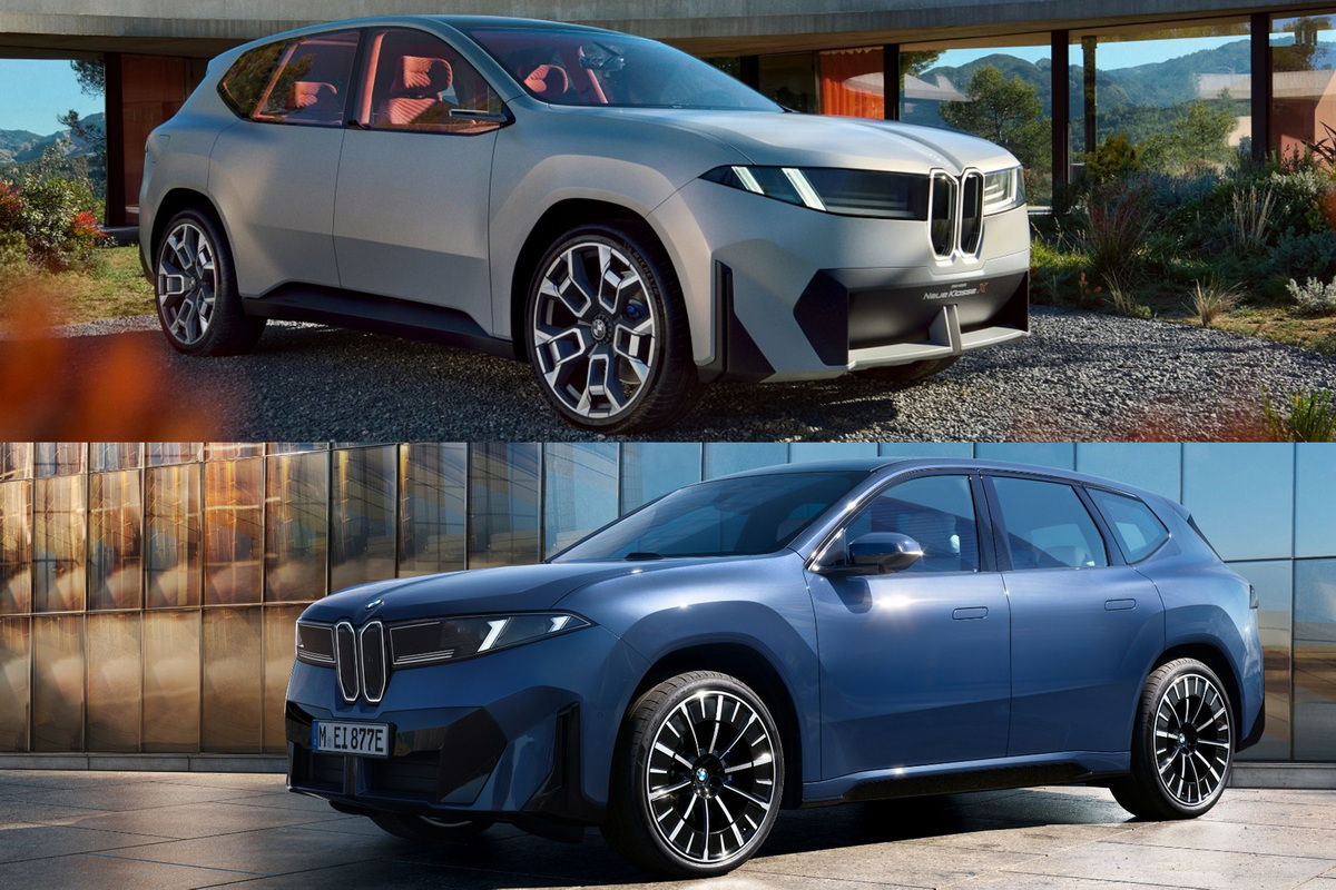 コンセプトカー『ビジョン・ノイエクラッセXコンセプト』(上)とその市販車『iX3』(下)。i3よりはコンセプトカーに忠実なデザインですが、このデザインでBMWは何を訴求したいのかがいまいち伝わらないと感じてしまいます。